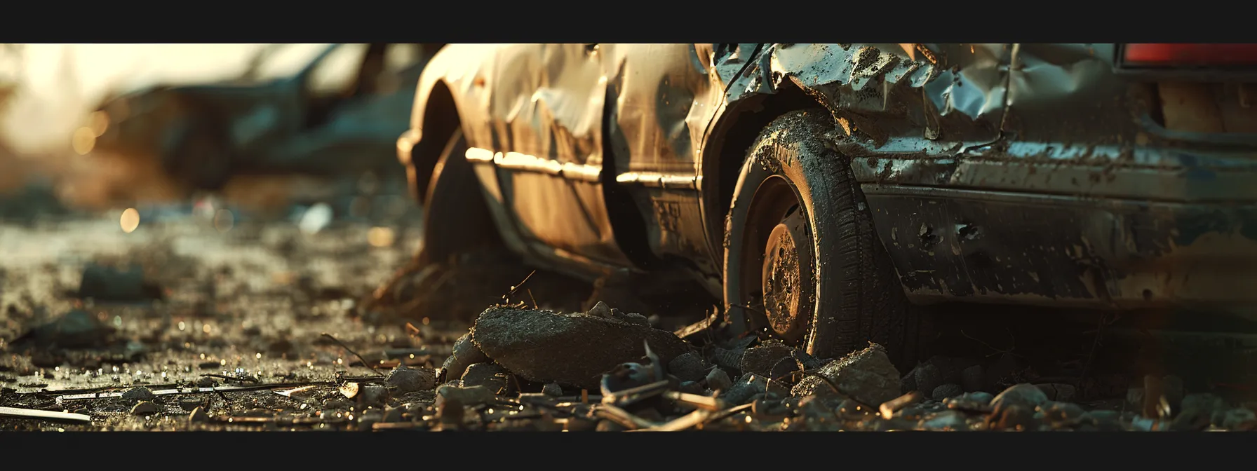 una imagen de un accidente automovilístico con un lente enfocado en evidencia clave como marcas de neumáticos y daños en los vehículos involucrados.