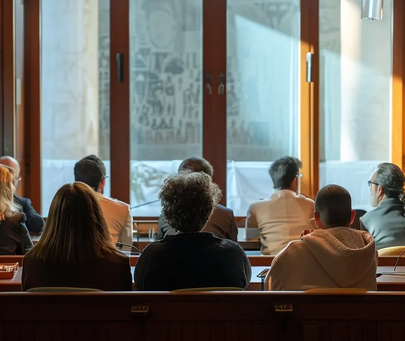 familiares afligidos en un tribunal, recibiendo apoyo en medio de la tristeza y la incertidumbre.