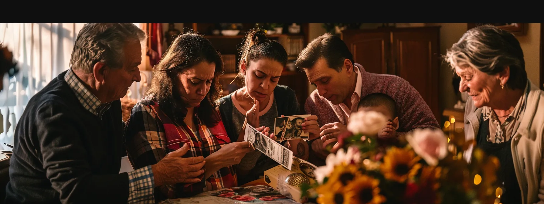 una familia llorando en un funeral, rodeada de fotos del ser querido fallecido y recibiendo un cheque como compensación por los gastos.
