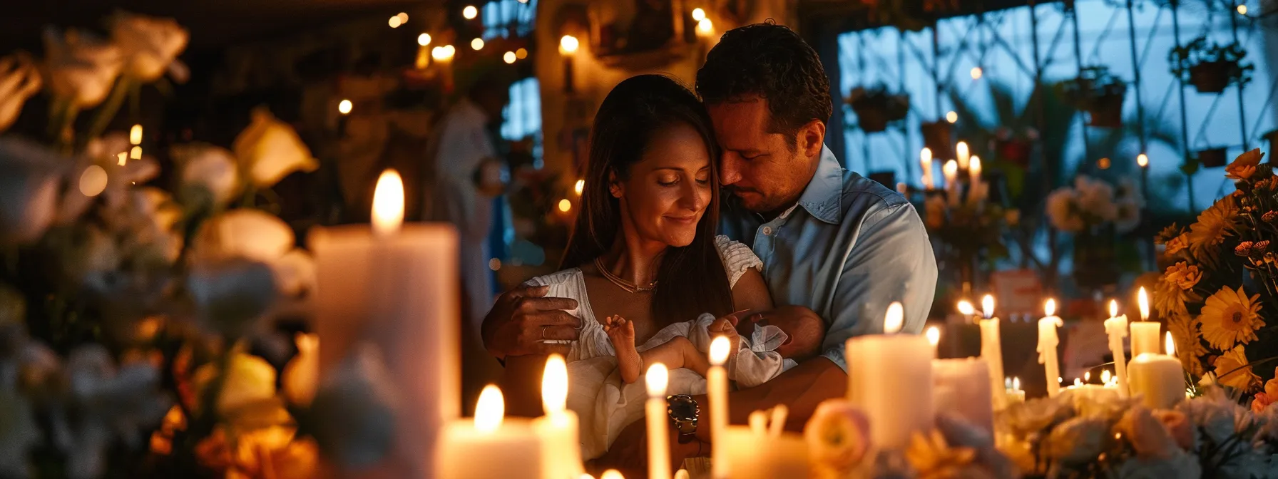 una fotografía de una familia en miami consolándose entre sí frente a un altar funerario con velas encendidas y flores blancas en honor a una pérdida por muerte injusta.
