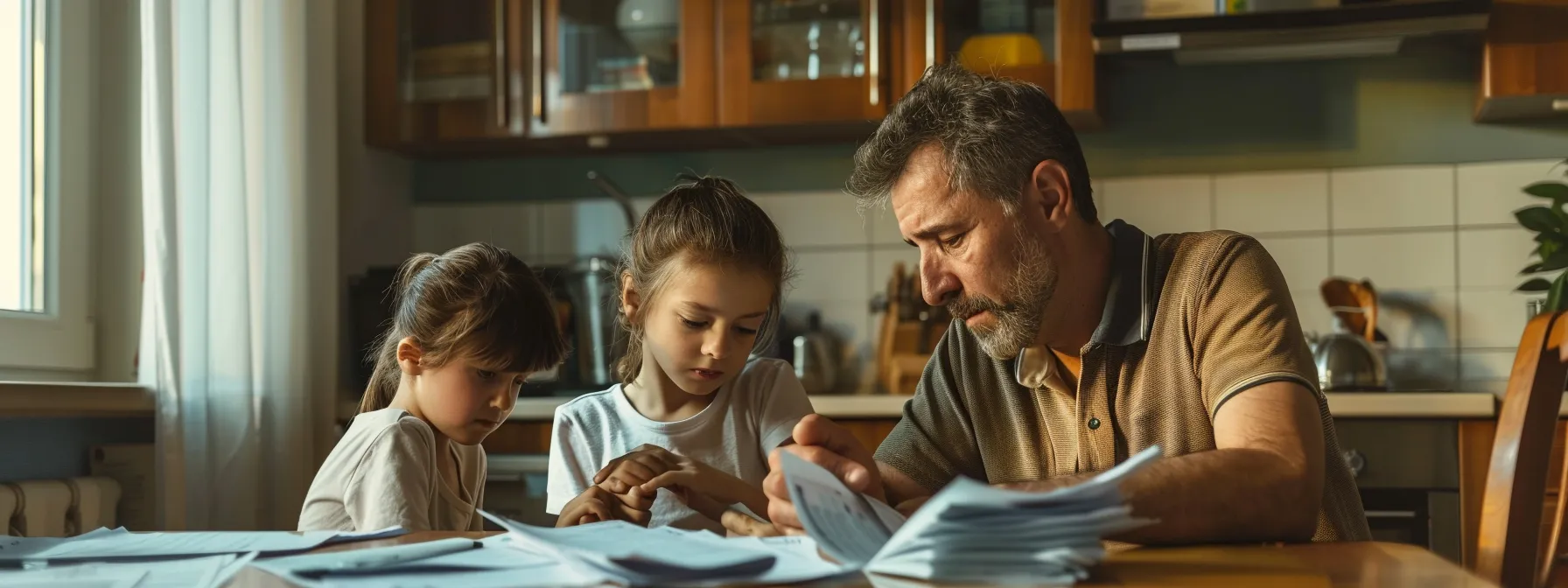 en la foto, se muestra una familia sosteniéndose emocionalmente frente a una mesa llena de facturas y documentos médicos, representando los tipos de compensación disponibles en casos de muerte injusta.