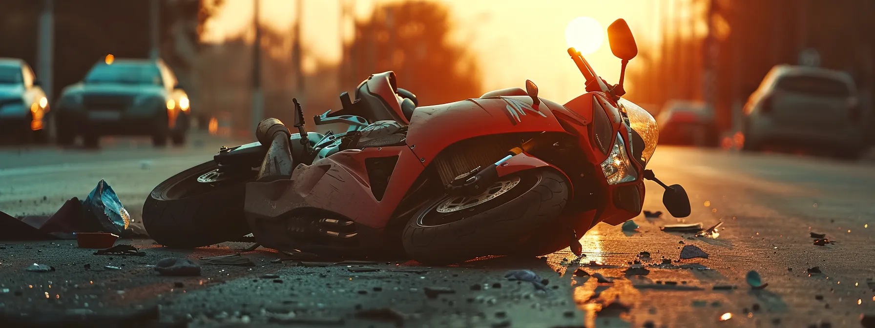 motocicleta accidentada en la carretera con un abogado revisando documentos y aseguradora negociando al fondo.