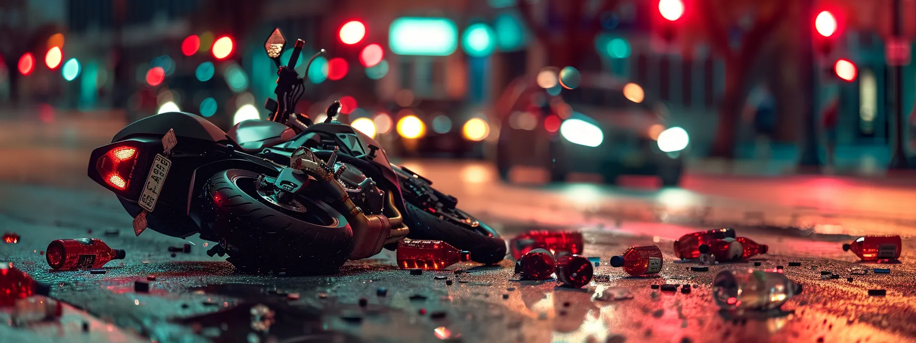 una motocicleta accidentada en una intersección, con semáforos en rojo y botellas de alcohol tiradas en el suelo, ilustrando los riesgos y la responsabilidad en accidentes de motocicleta.