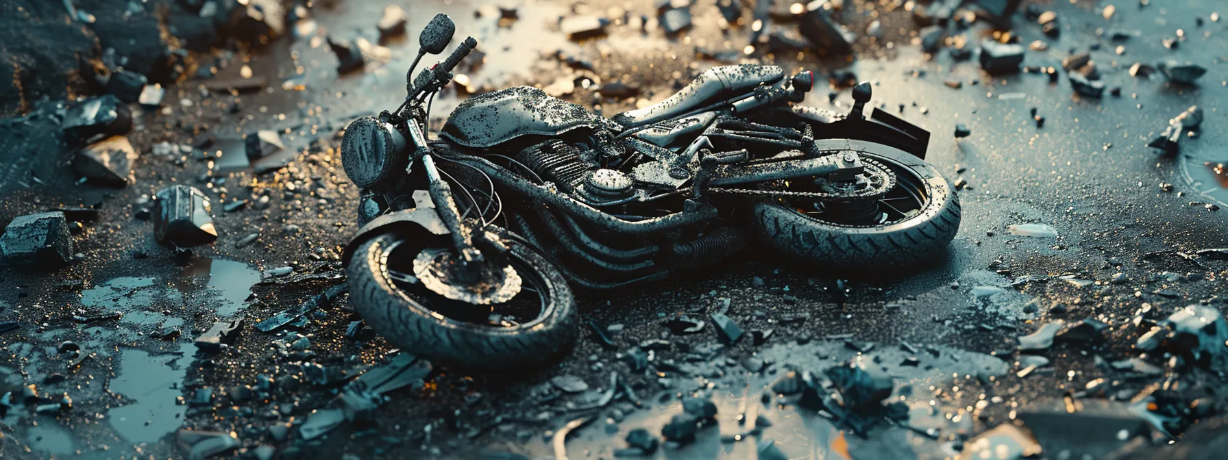 una motocicleta destrozada en el suelo, rodeada de piezas rotas y manchas de aceite, reflejando el impacto de un accidente de tráfico.