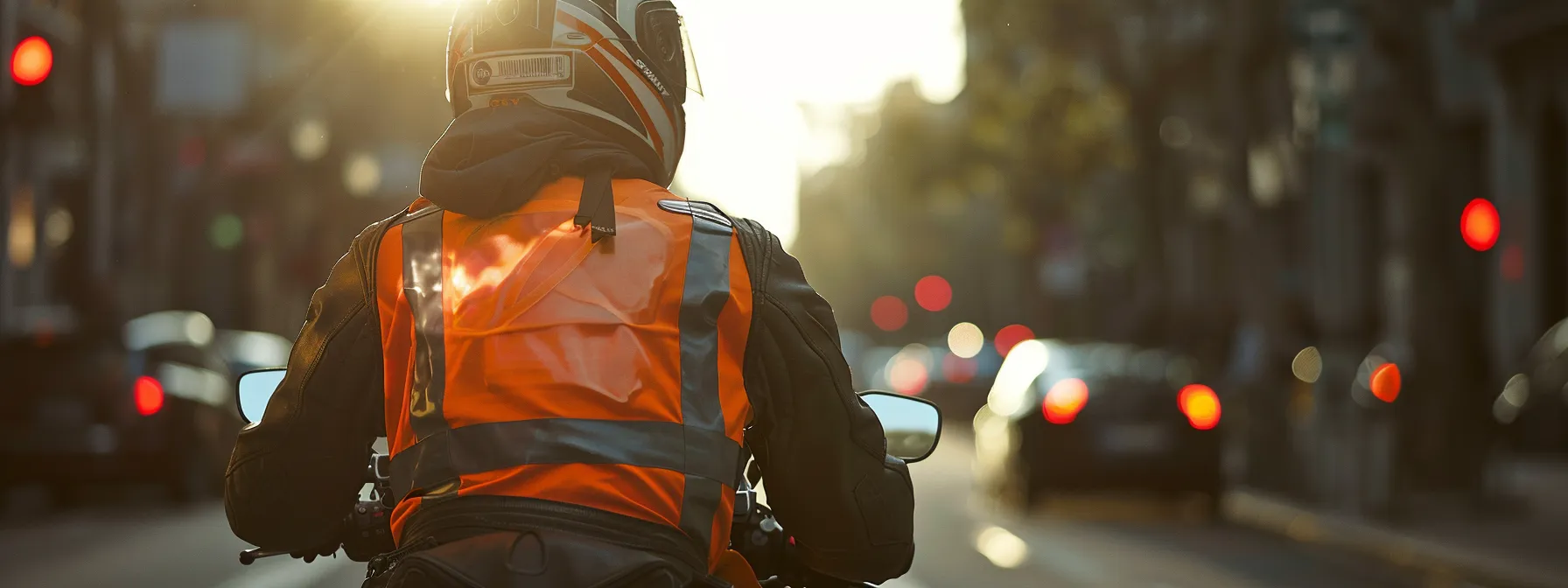 un motociclista con casco y chaleco reflectante, respetando las leyes de tránsito en la carretera.