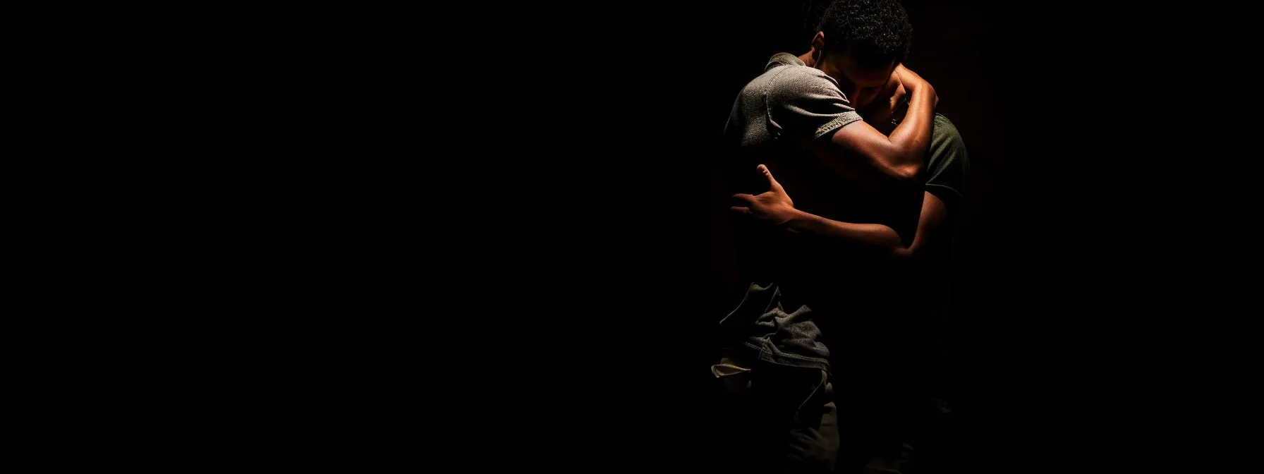 una persona de pie en una habitación oscura, con expresión de dolor en el rostro y abrazando su cuerpo como si estuviera sintiendo un intenso sufrimiento emocional.