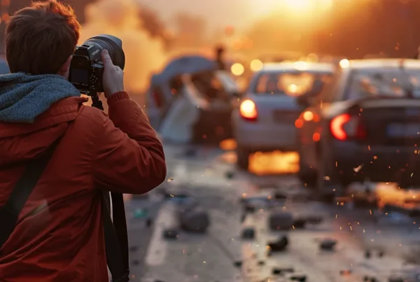 un fotógrafo capturando detalladamente la escena de un accidente de tráfico.