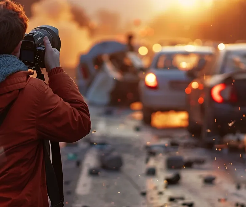 un fotógrafo capturando detalladamente la escena de un accidente de tráfico.