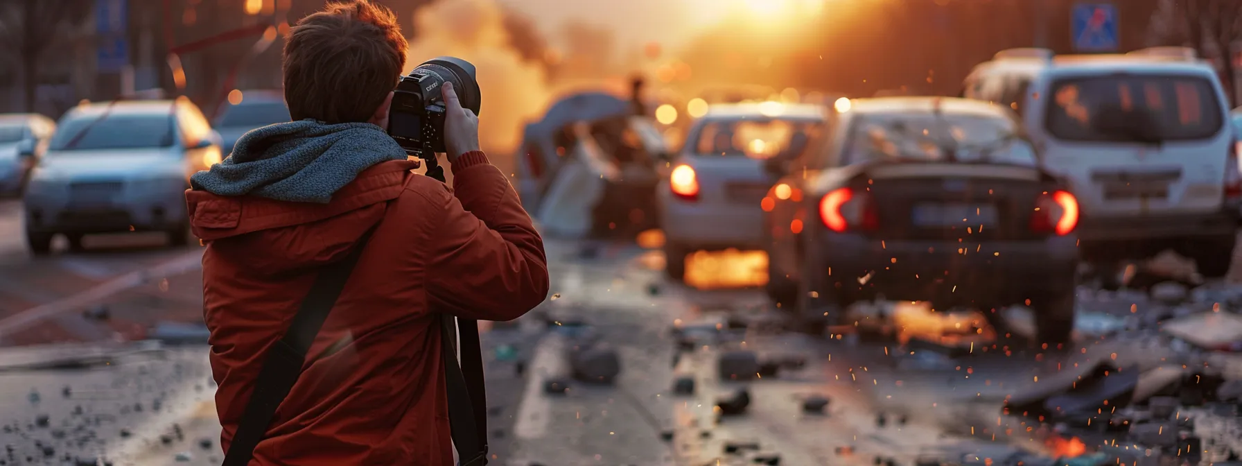 un fotógrafo capturando detalladamente la escena de un accidente de tráfico.
