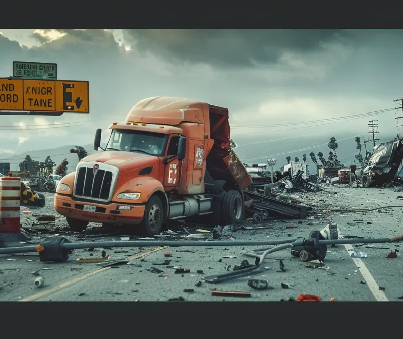 un camión accidentado en la carretera rodeado de señales de peligro y destrozos.