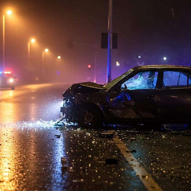 A car wreck on the side of the road late at night